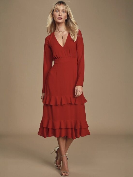 Lulus Dresses & Skirts - Lulus Sway This Way Red Ruffled Long Sleeve Midi Dress NWT